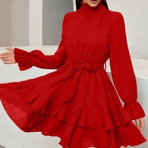 Flounce Sleeve Shirred Neck Ruffle Hem Belted Dress